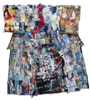 Welcome to Fukushima - kimono rear mixed printed and embellished fabric, 2m x 2m, 2018